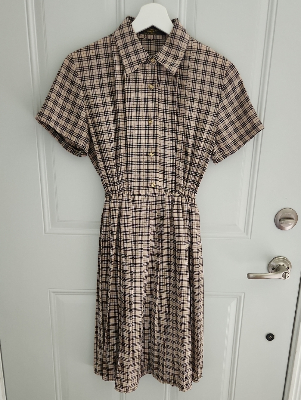Ark Reworked Beige and Black Plaid Short-Sleeve Shirt Dress